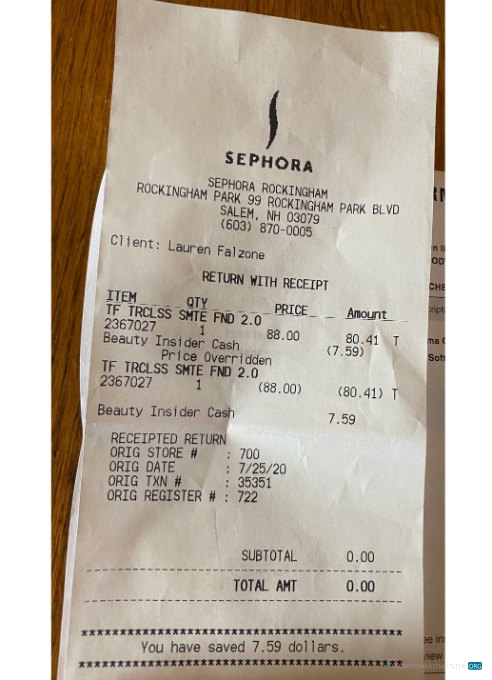 Download Sephora store payment receipt Photoshop template